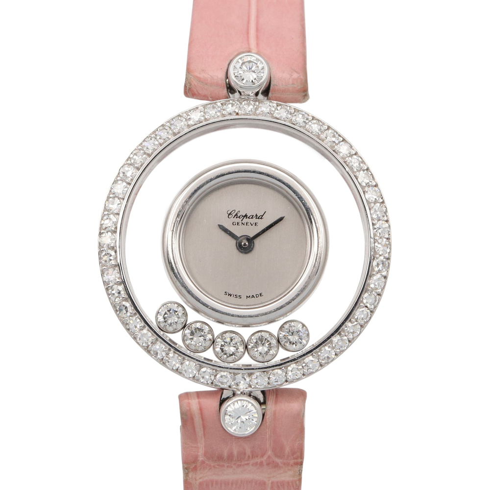 Chopard Happy Diamonds Watch, 18K White Gold (WG), Diamond, Leather Strap, La...